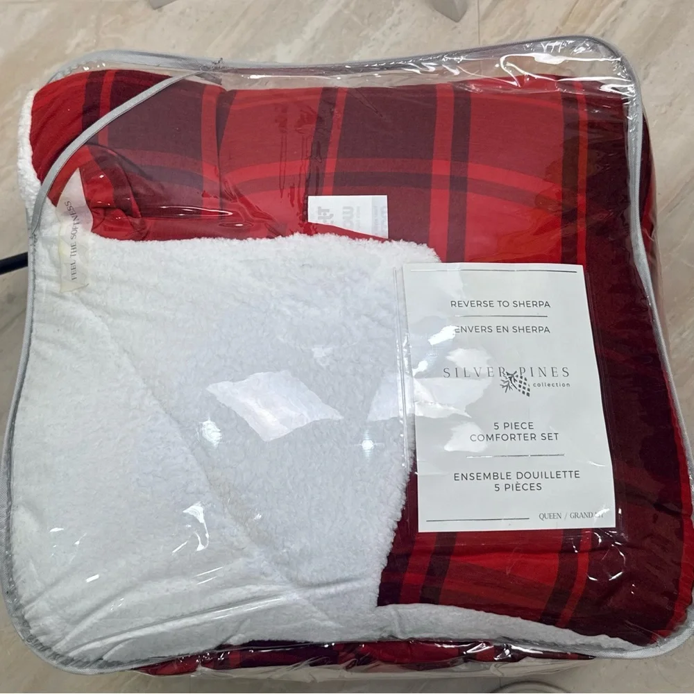 Silver Pines Queen 5pc Comforter Set Red Buffalo Plaid Sherpa Reversible NEW